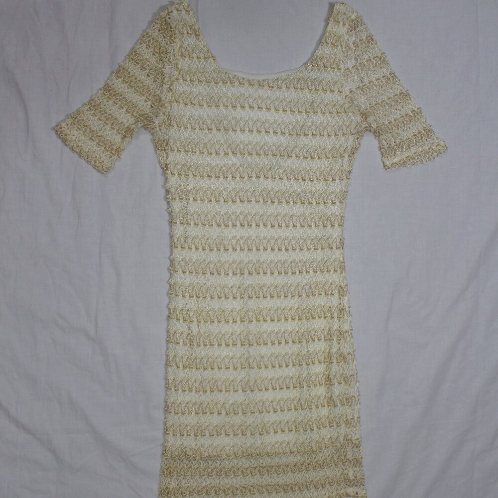 Hello Miss Gold Dress Size L BodyCon Lace Arms Deep Scoop Back